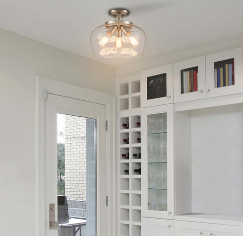 3-Light Glass Ceiling Lights Semi Flush Mount Brushed Nickel Finish